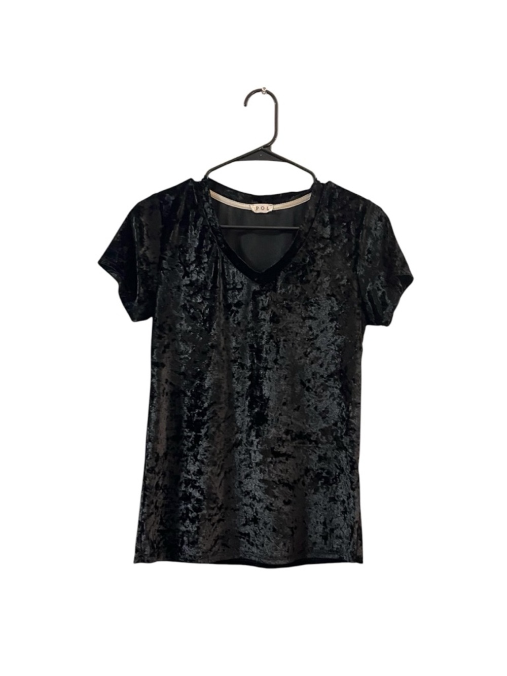 POL Black Crushed Velvet V-Neck Short Sleeve Tee